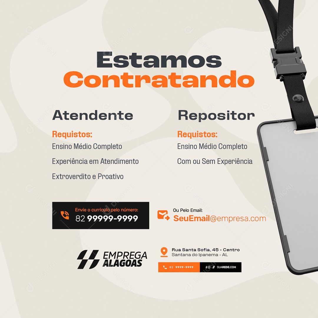 Vaga de Emprego Estamos Contratando Atendente Repositor Social Media PSD Editável