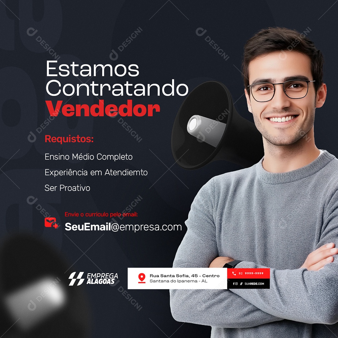 Vaga de Emprego Estamos Contratando Vendedor Social Media PSD Editável