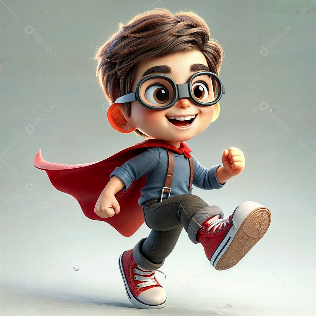 Criança de óculos feliz brincando de super heroí