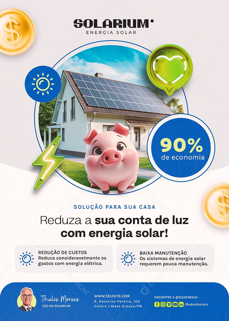 Flyer Energia Solar 90% de Economia Social Media PSD Editável