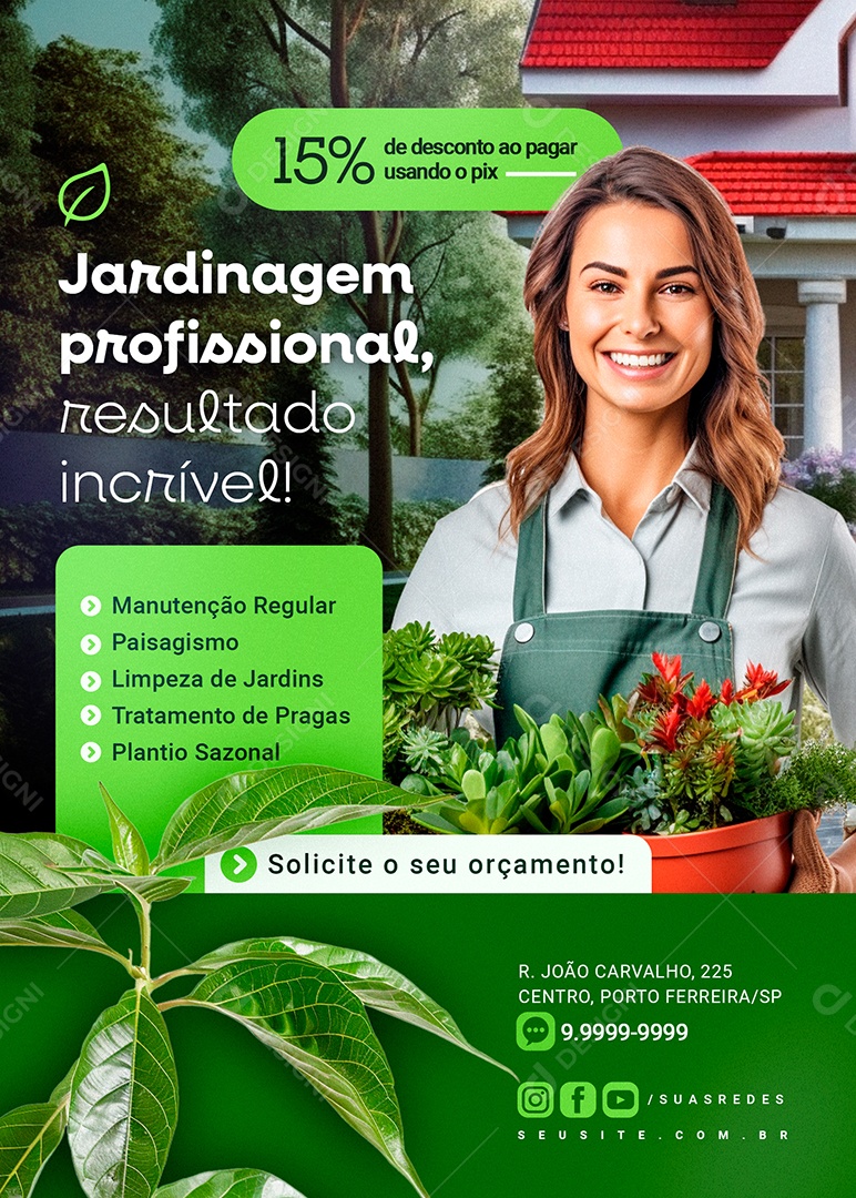 Flyer Jardineiro Jardinagem Profissional Social Media PSD Editável