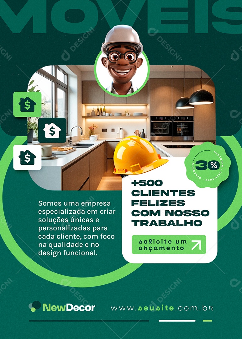 Flyer Móveis Planejados Clientes Felizes com Nosso Trabalho Social Media PSD Editável