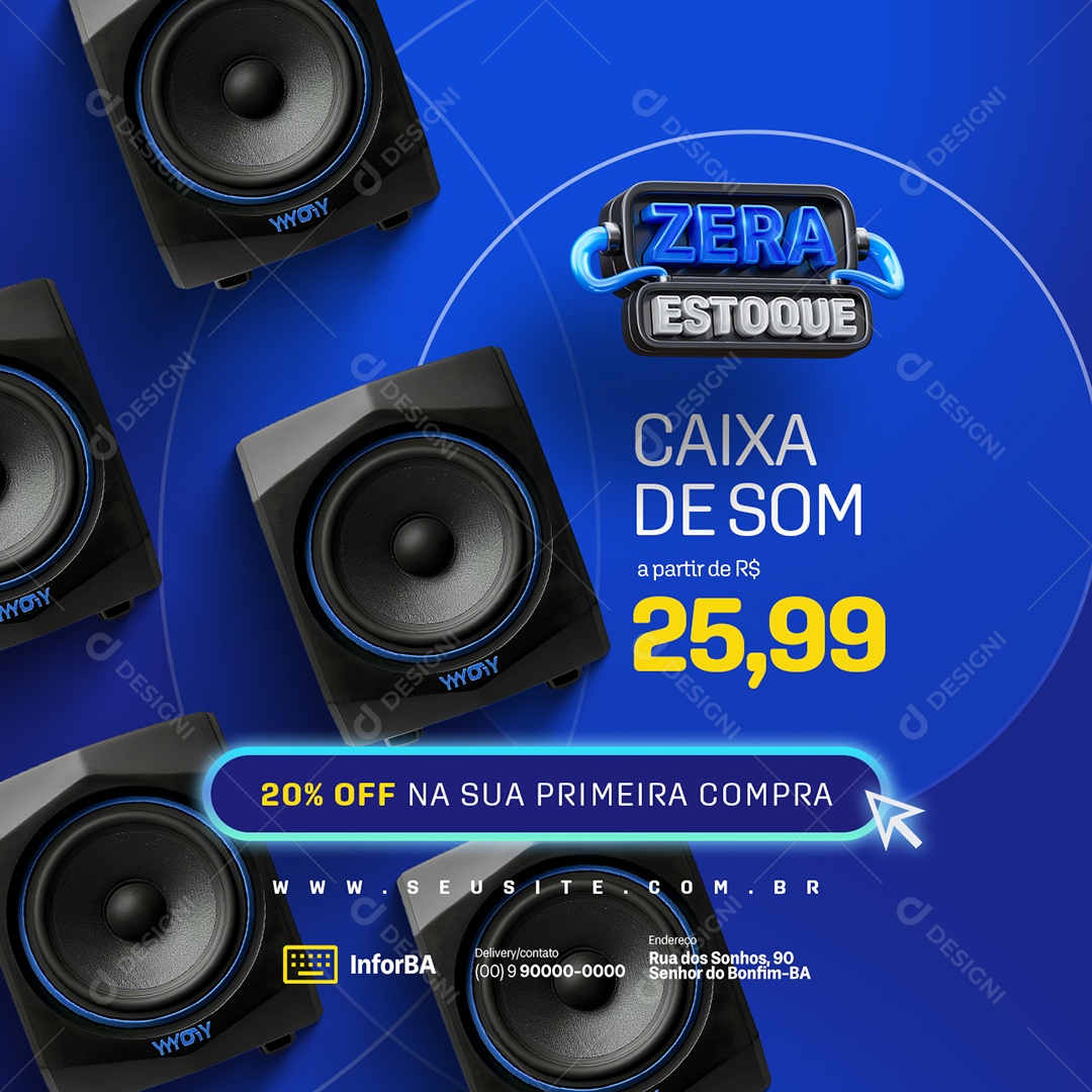 Zera Estoque Loja de Eletrônicos Caixa De Som 20% Off Social Media PSD Editável