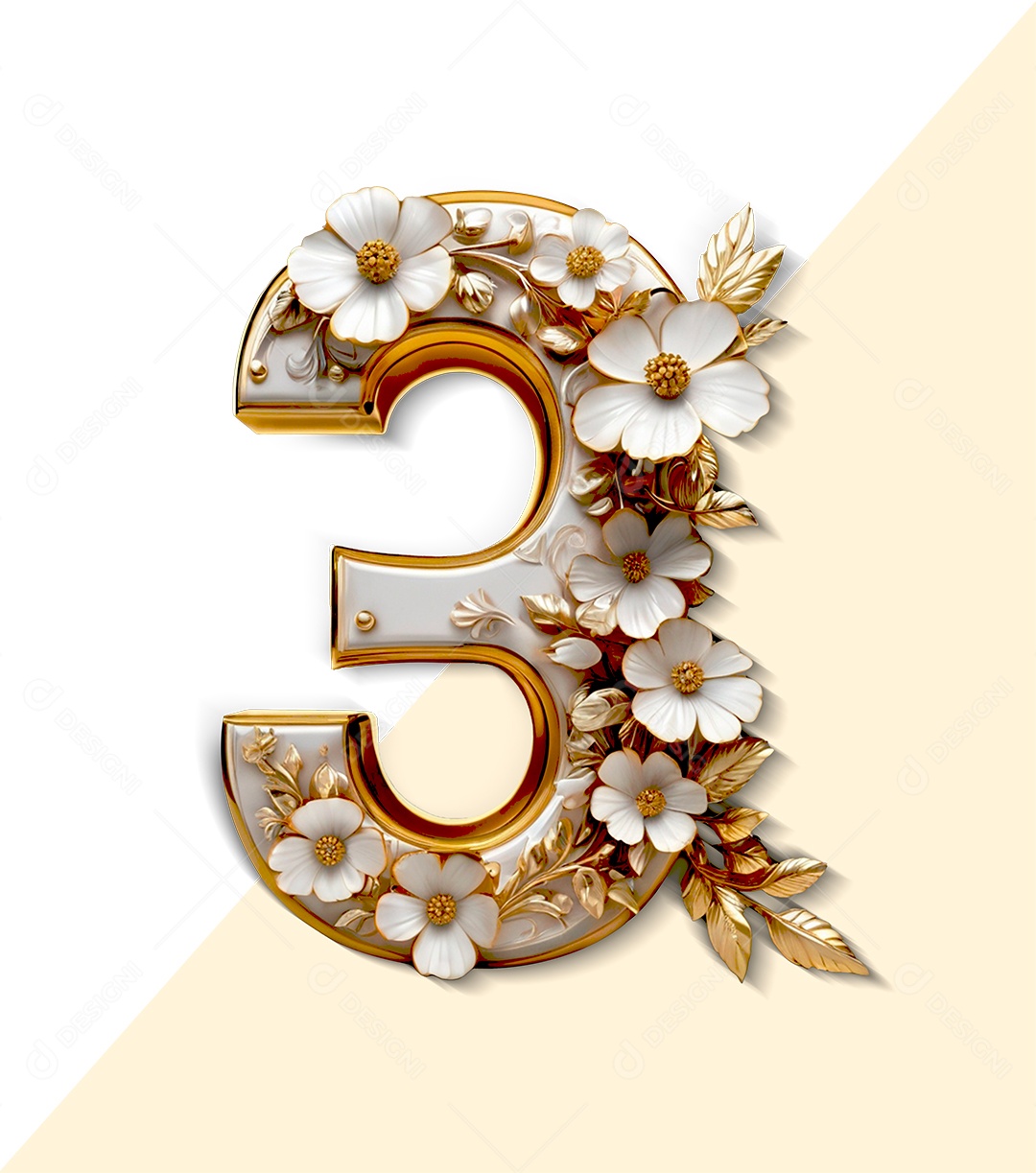 Número 3 Com Flores Elemento 3D Branco E Dourado para Composição PSD