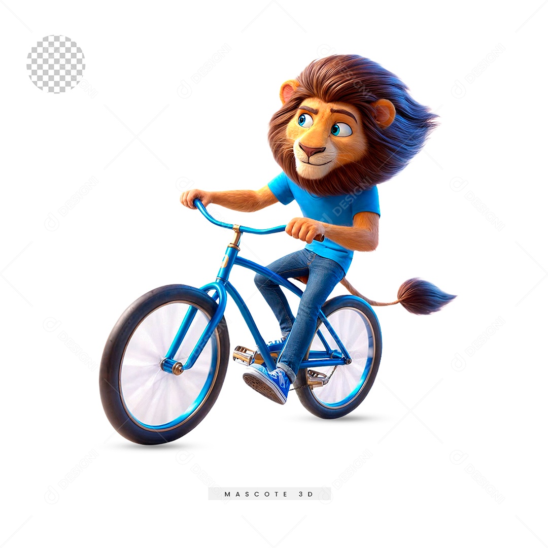 Mascote 3D de Leão Com Bicicleta para Composição PSD