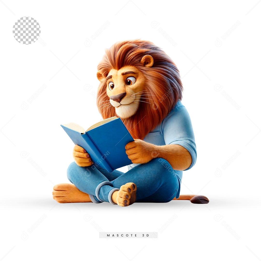 Mascote 3D de Leão Lendo Livro para Composição PSD