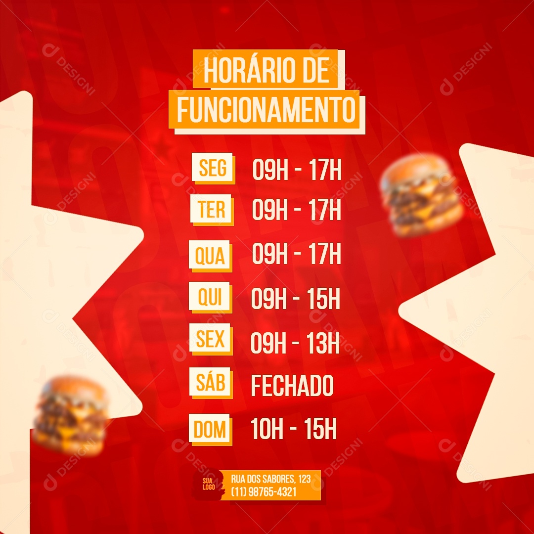 Hamburgueria Horário de Funcionamento Social Media PSD Editável