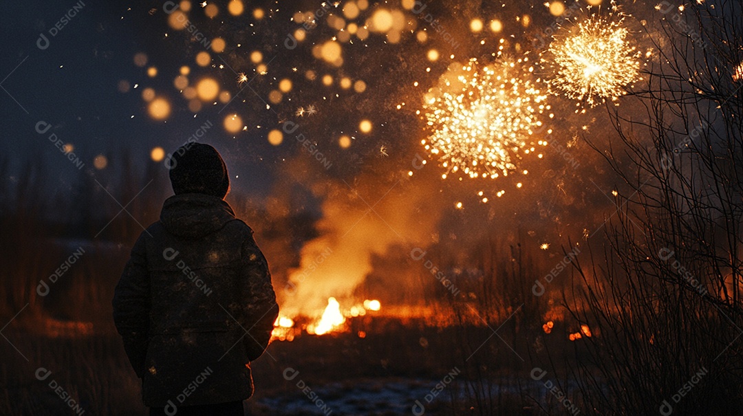 Uma pessoa olhando uma fogueira e luzes no céu