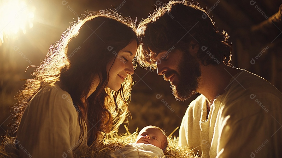 Maria e José olham com amor para o menino Jesus imagem semelhante