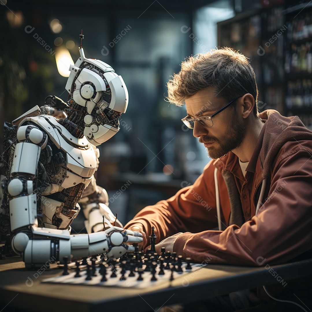 Um humano jogando xadrez com um robô