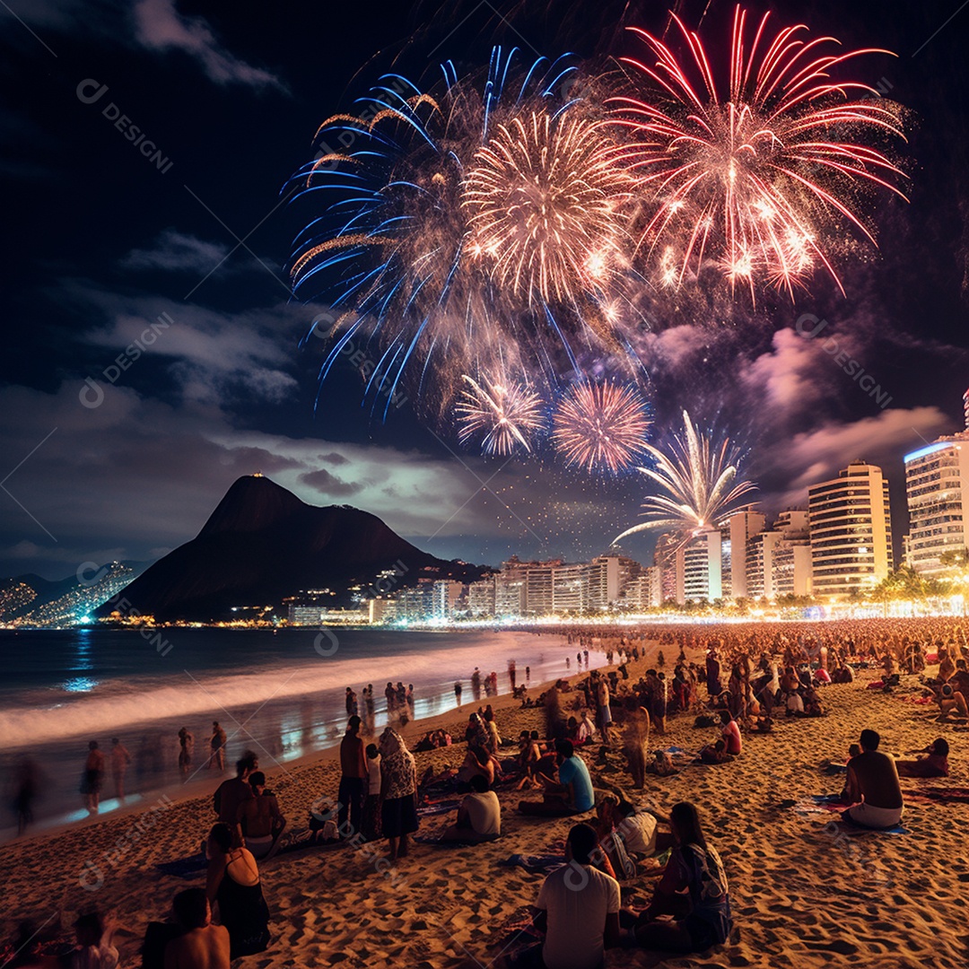 Praia de copacabana bem movimentada e fogos de artíficio