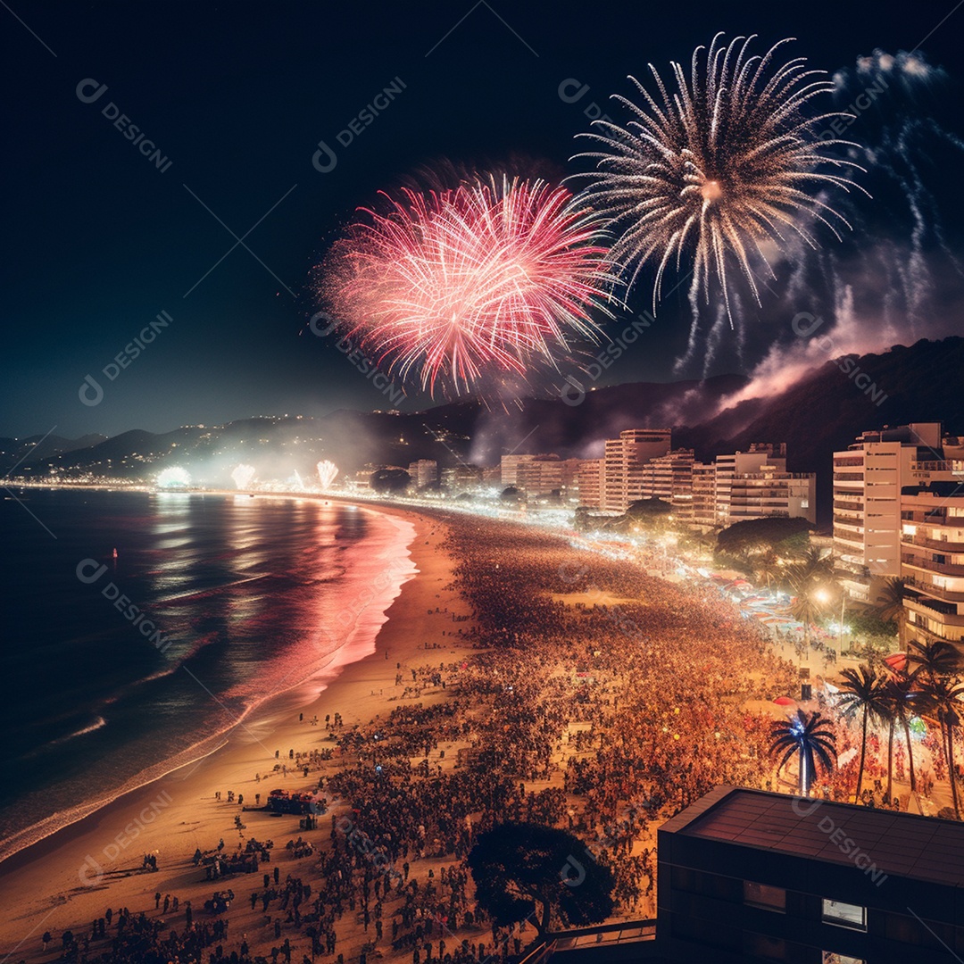 Praia de copacabana bem movimentada e fogos de artíficio