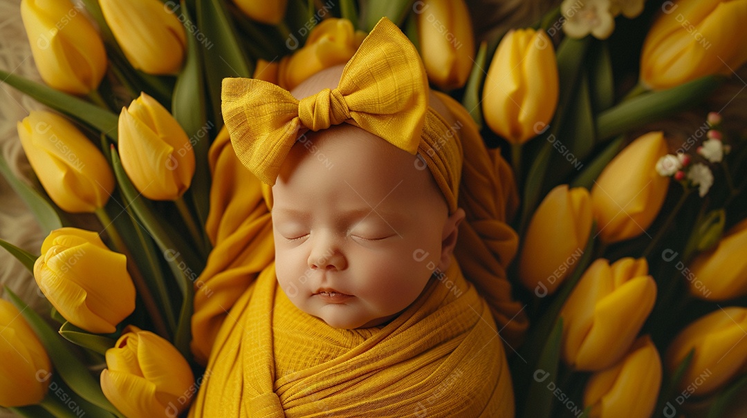 Uma linda bebê enrrolada ao panos amarelos