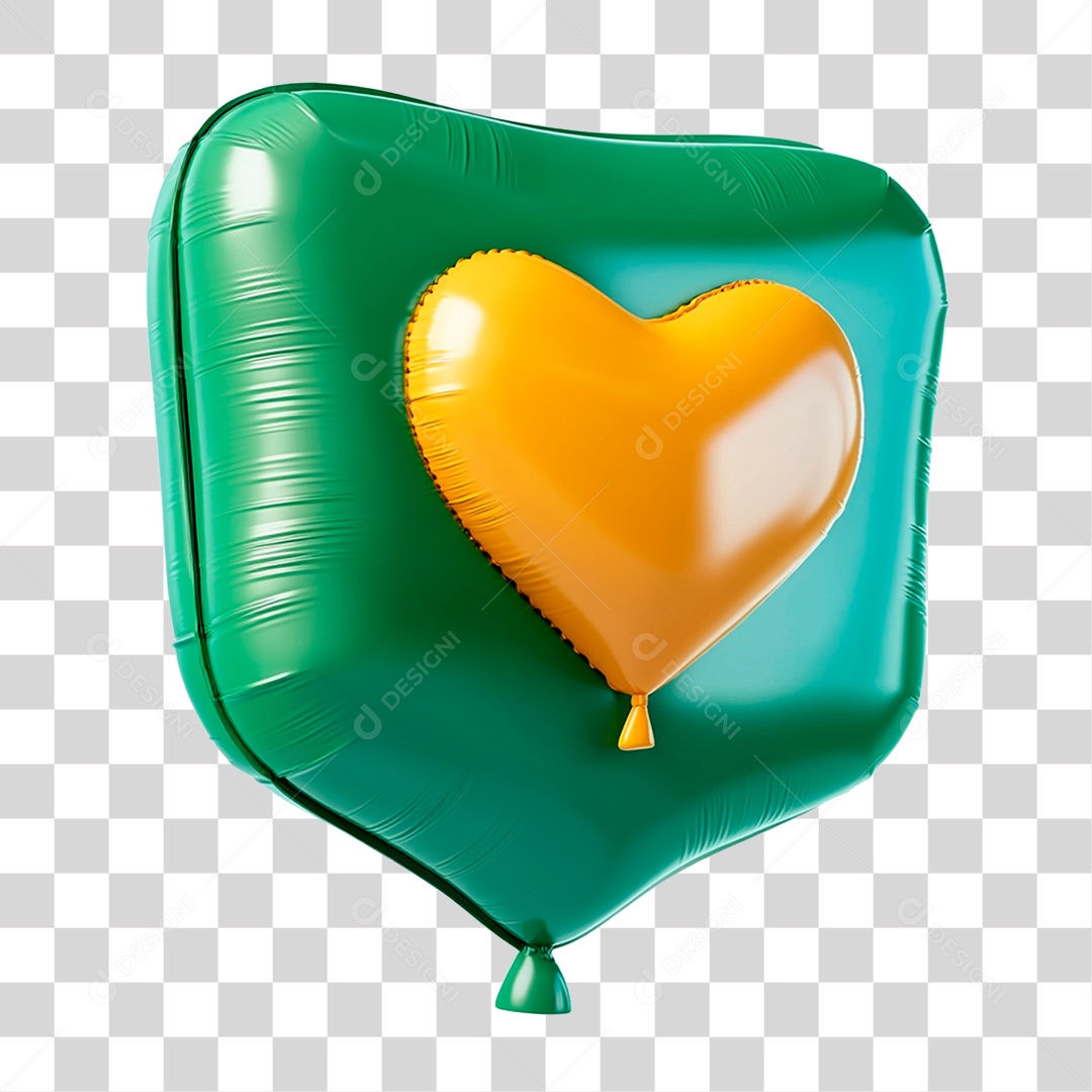 Elemento 3D Coração Balão Verde e Amarelo PNG Transparente