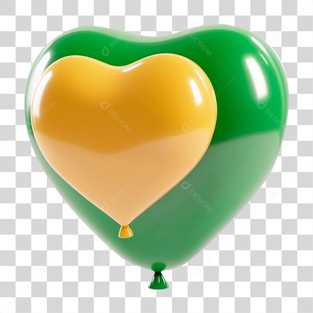 Elemento 3D Coração Balão Verde e Amarelo PNG Transparente