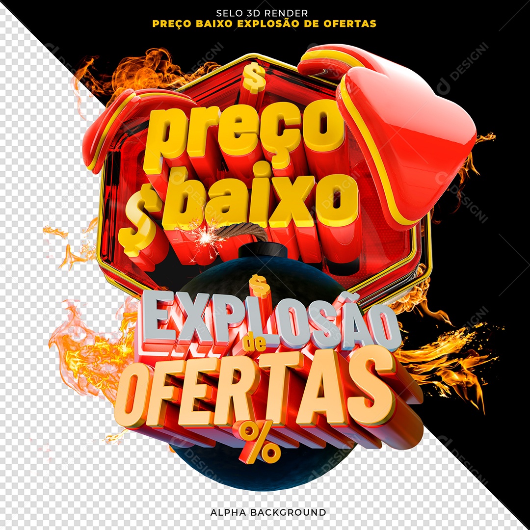 Selo 3D Preço Baixo Explosão de Ofertas  para Composição PSD