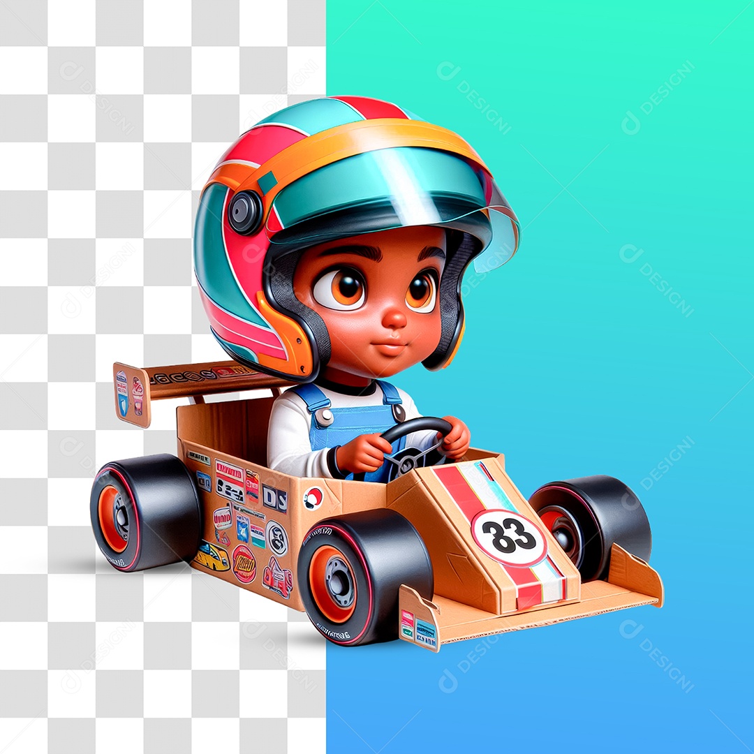 Personagem 3D Criança Piloto Seu Carrinho de Papelão para Composição PSD