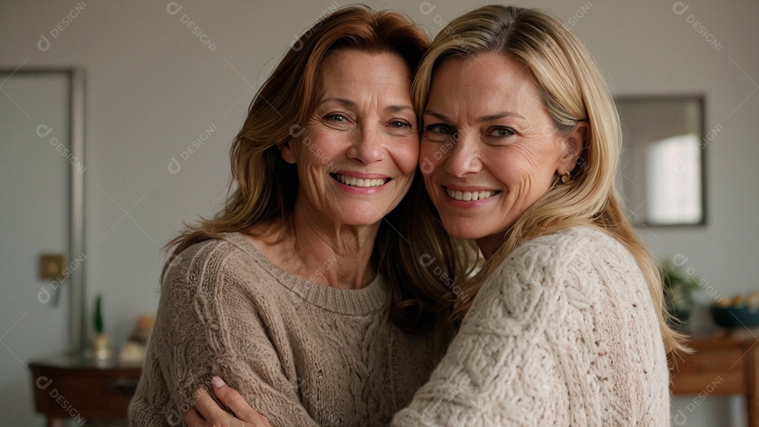 Mãe e filha adultas felizes abraçadas