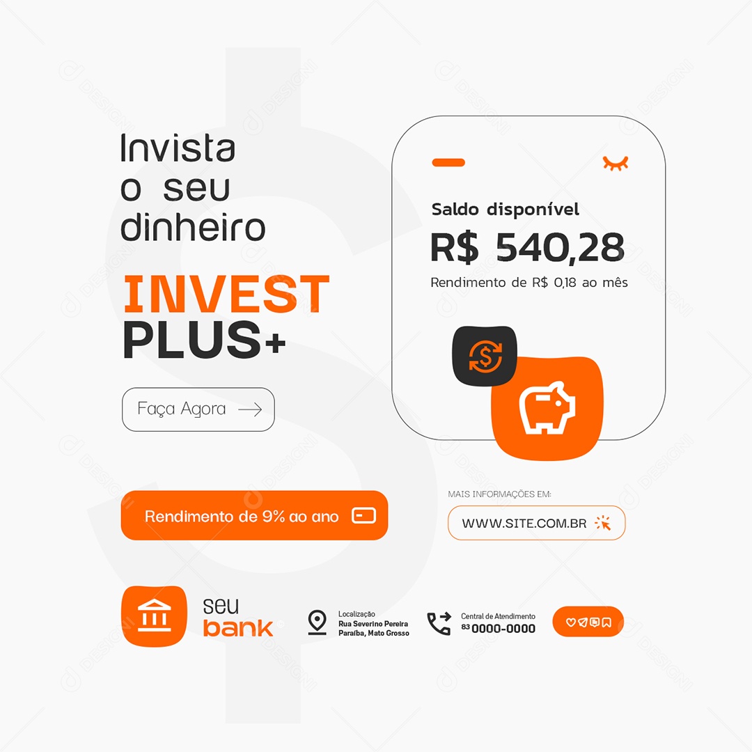 Banco Invista o Seu Dinheiro Invest Plus Social Media PSD Editável