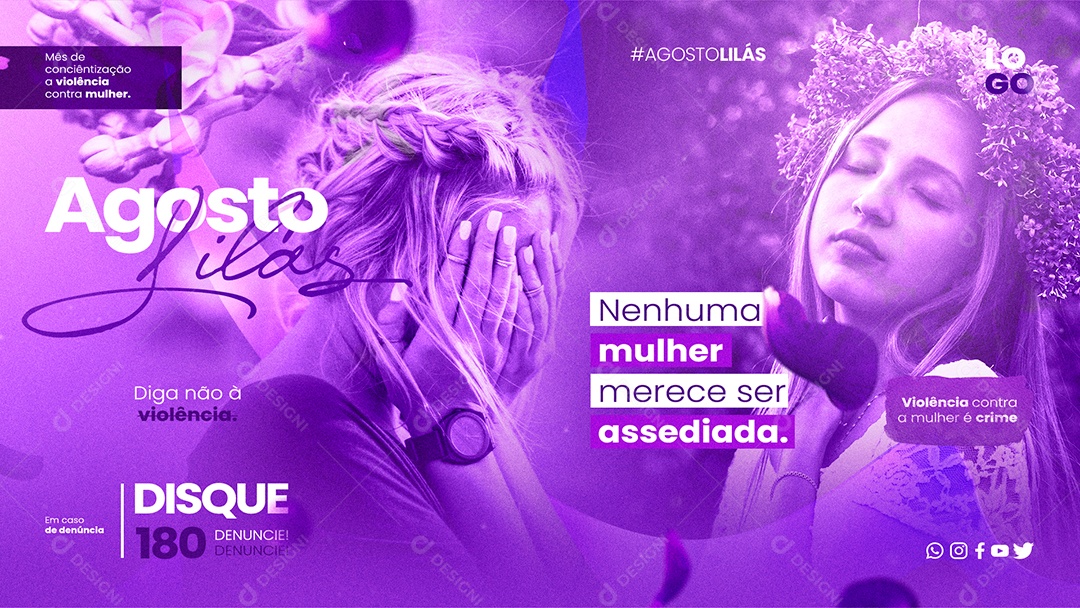 Baner Agosto Lilás Mês Contra Violência a Mulher Social Media PSD Editável