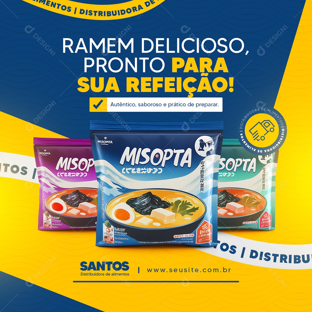 Distribuidora de Alimentos Ramem Delicioso Pronto para Sua Refeição Social Media PSD Editável