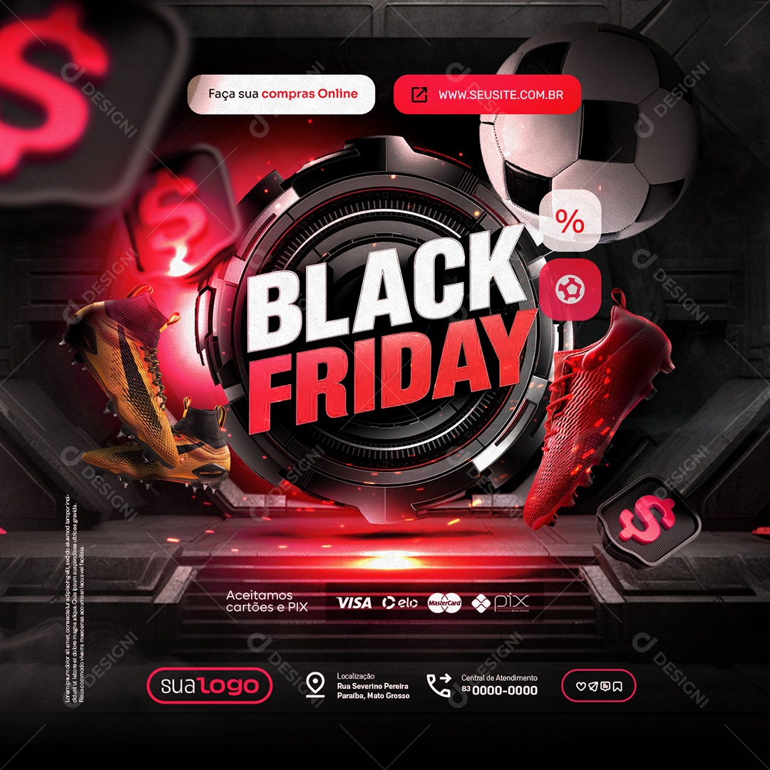 Black Friday Materiais Esportivos Aceitamos Cartões e Pix Social Media PSD Editável