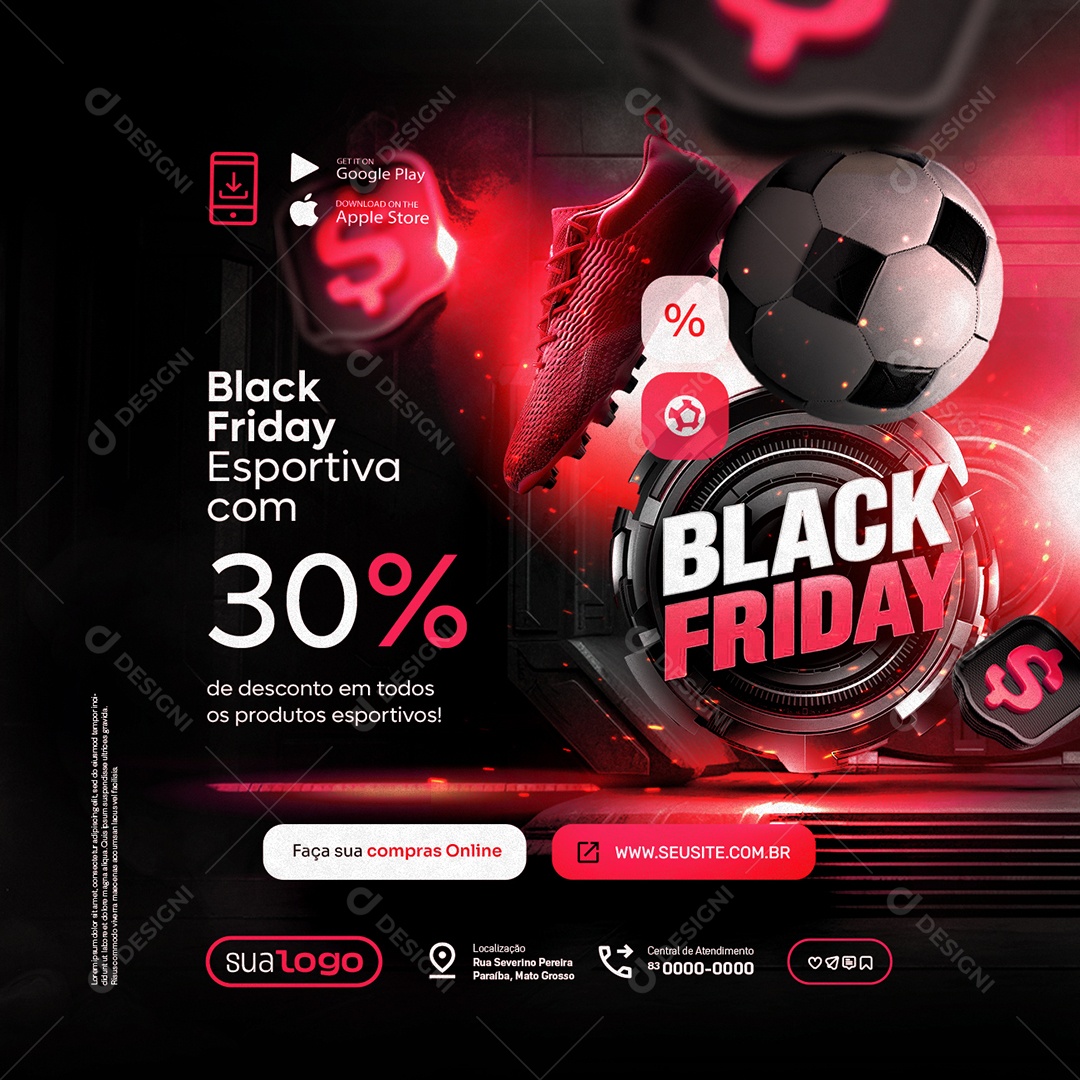 Black Friday Materiais Esportivos 30% de Desconto Social  Media PSD Editável