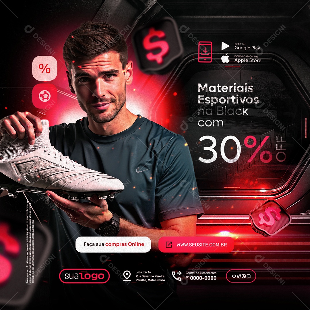 Black Friday Materiais Esportivos na Black com 30% Off Social Media PSD Editável