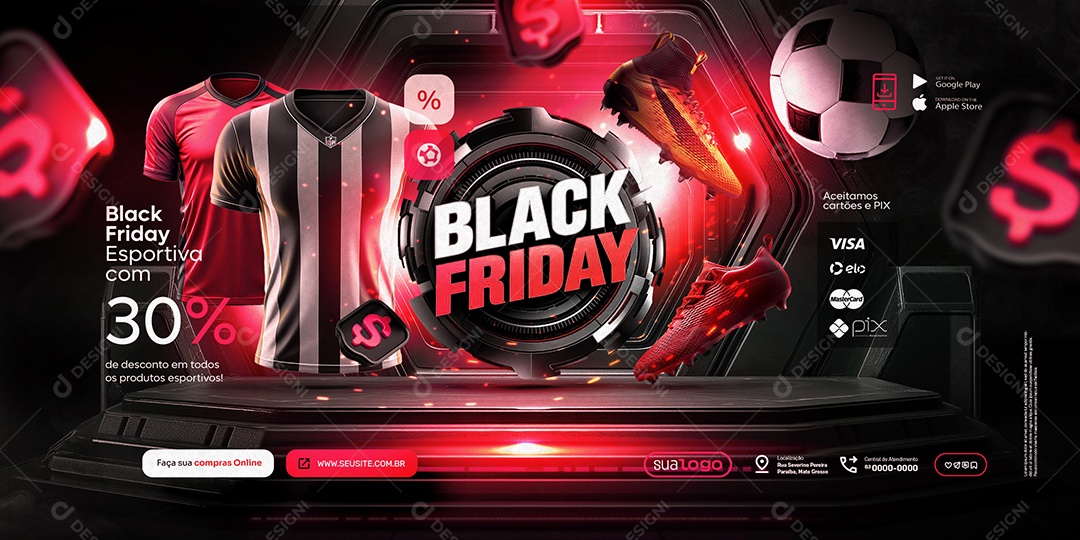 Carrossel Black Friday Esportiva com 30% de Descontos Social Media PSD Editável