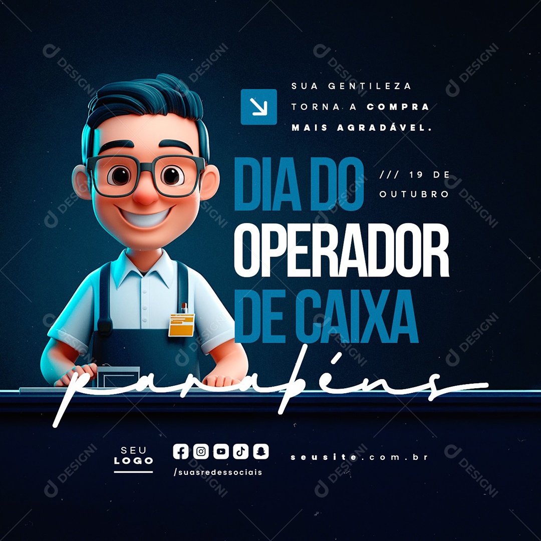 Dia do Operador de Caixa 19 de Outubro Parabéns Social Media PSD Editável
