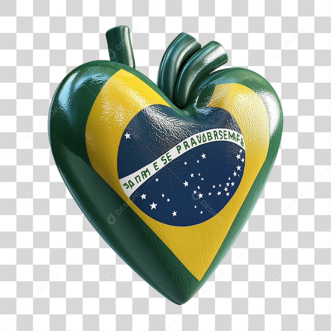 Elemento 3D Coração com Bandeira do Brasil PNG Transparente