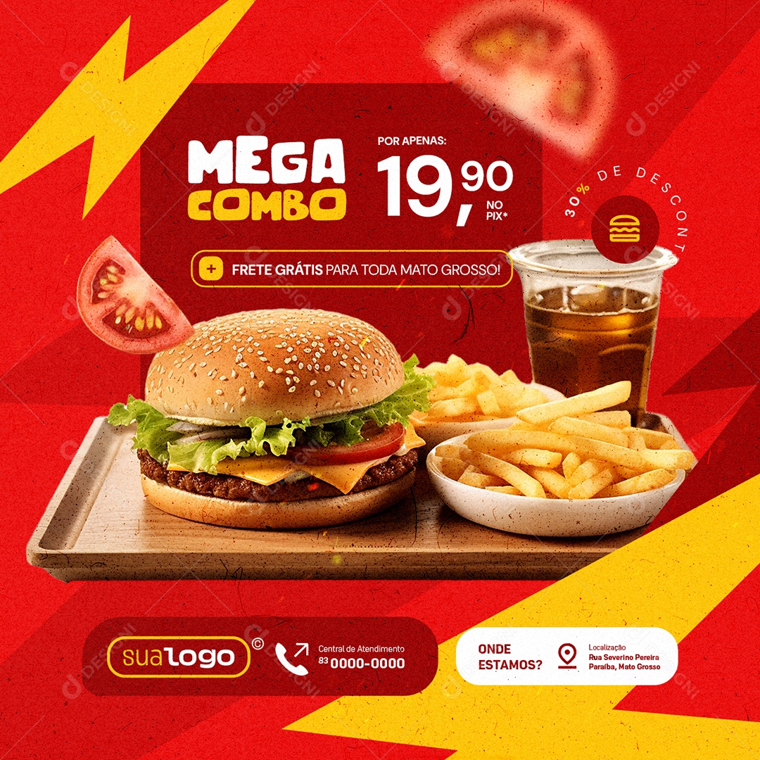Hamburgueria Lanchão Mega Combo Hambúrguer Refrigerante Batata Frita Social Media PSD Editável