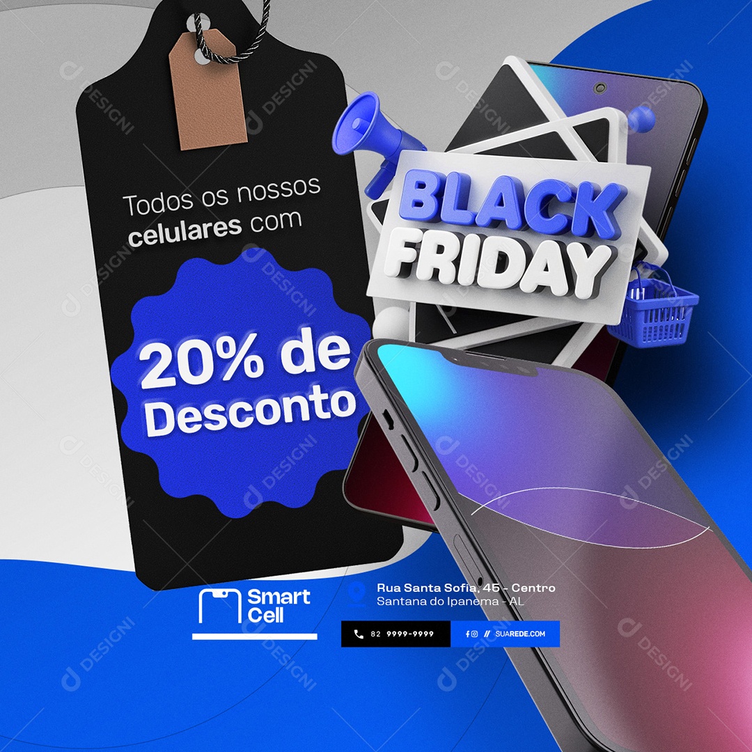 Black Friday Promocional Todos os Nossos Celulares com 20% de Desconto Social Media PSD Editável