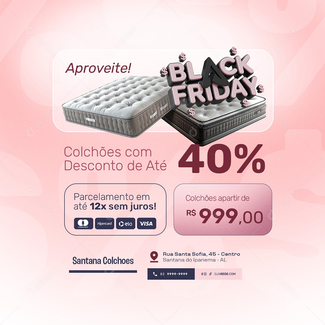 Black Friday Promocional Colchões com Desconto de Até 40% Social Media PSD Editável