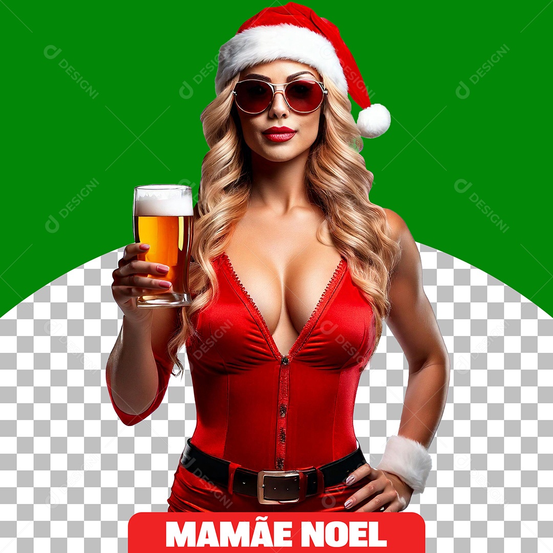 Personagem 3D de Mamãe Noel  Com Copo de Cerveja  para Composição PSD