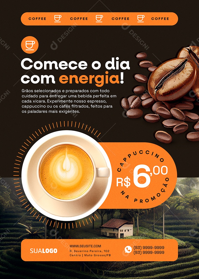 Flyer Cafeteria Comece o Dia com Energia Social Media PSD Editável
