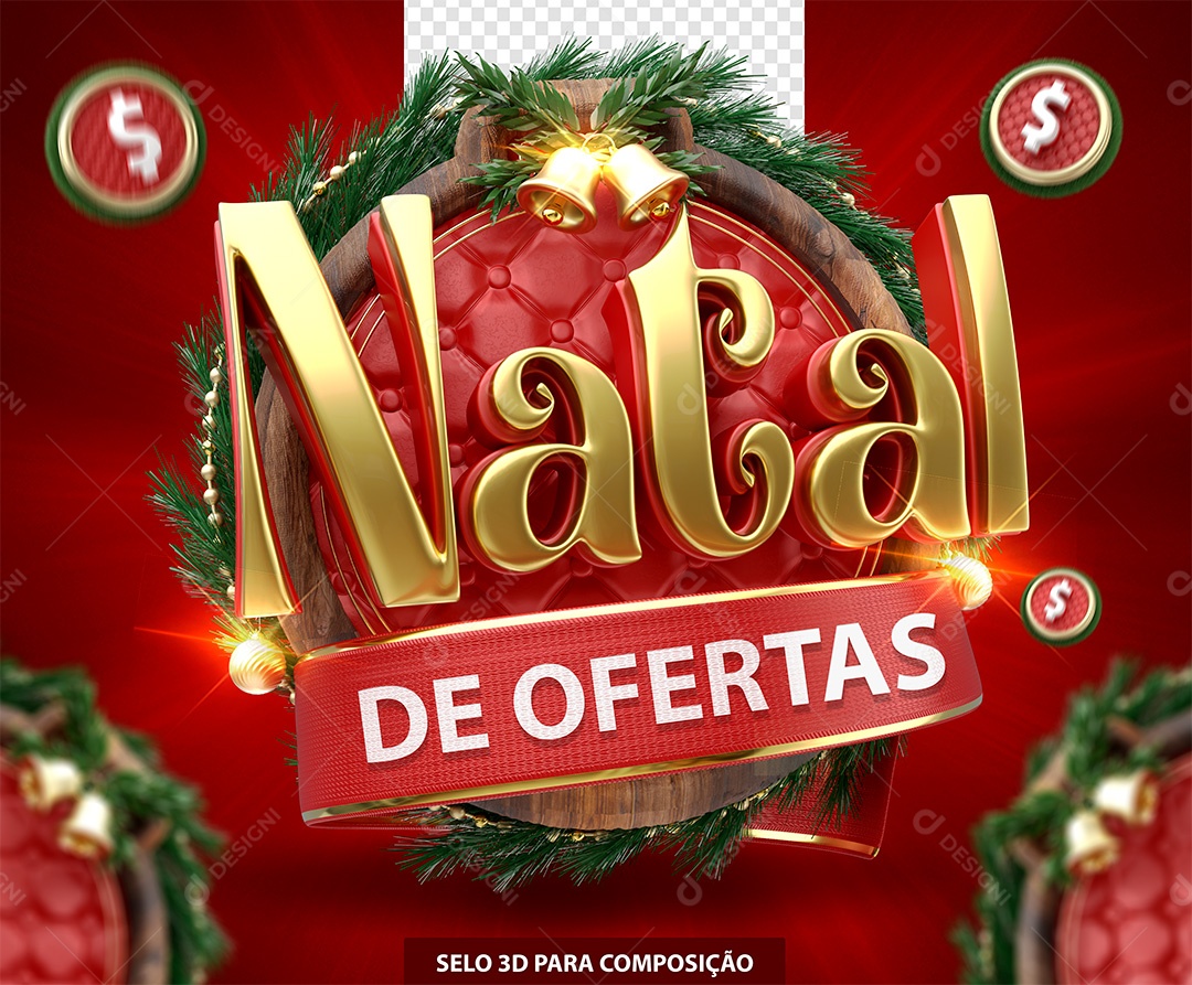 Selo 3D Natal de Ofertas Dourado e Vermelho para Composição PSD