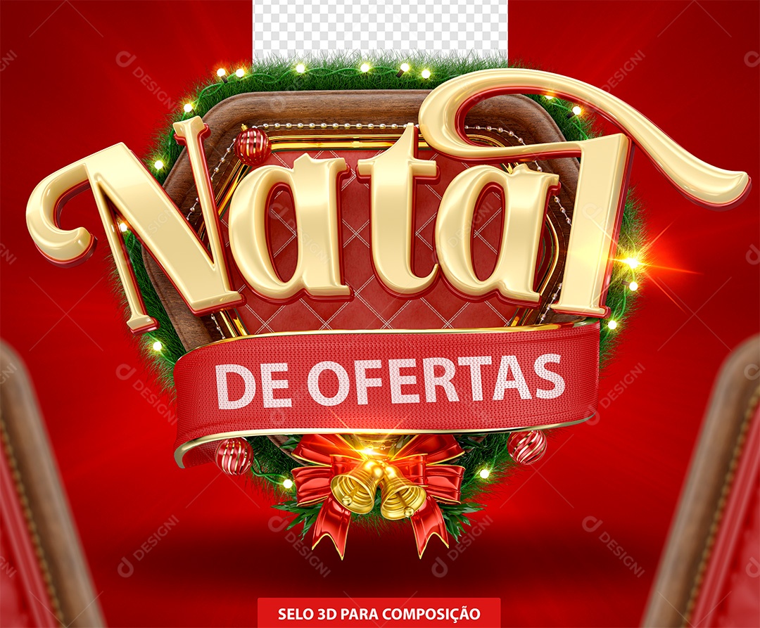 Selo 3D Natal de Ofertas Dourado e Vermelho para Composição PSD