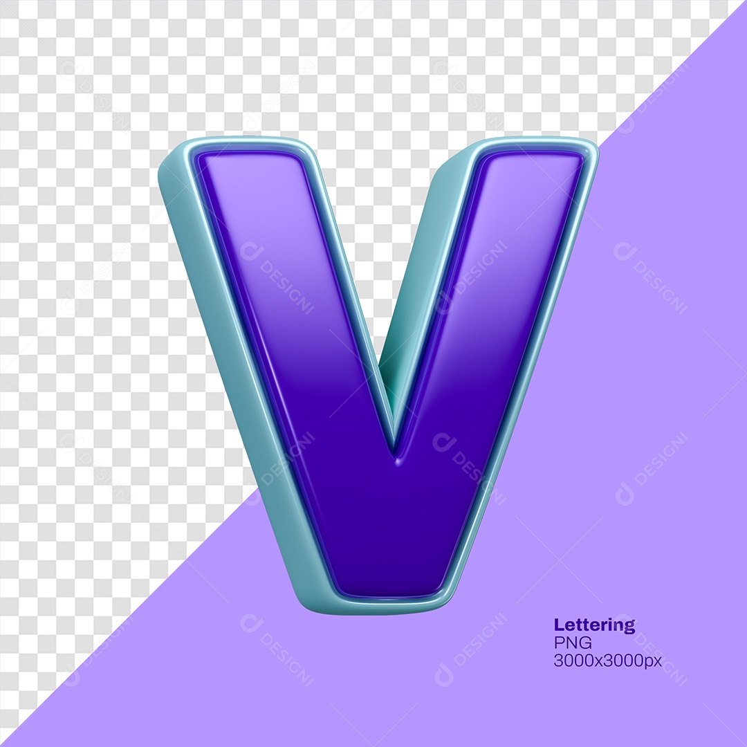 Letra 3D V Roxo com Azul Elemento Para Composição PSD
