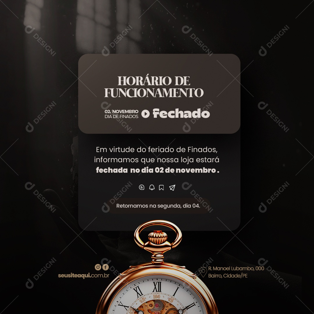 Horário de Funcionamento Dia de Finados Social Media PSD Editável