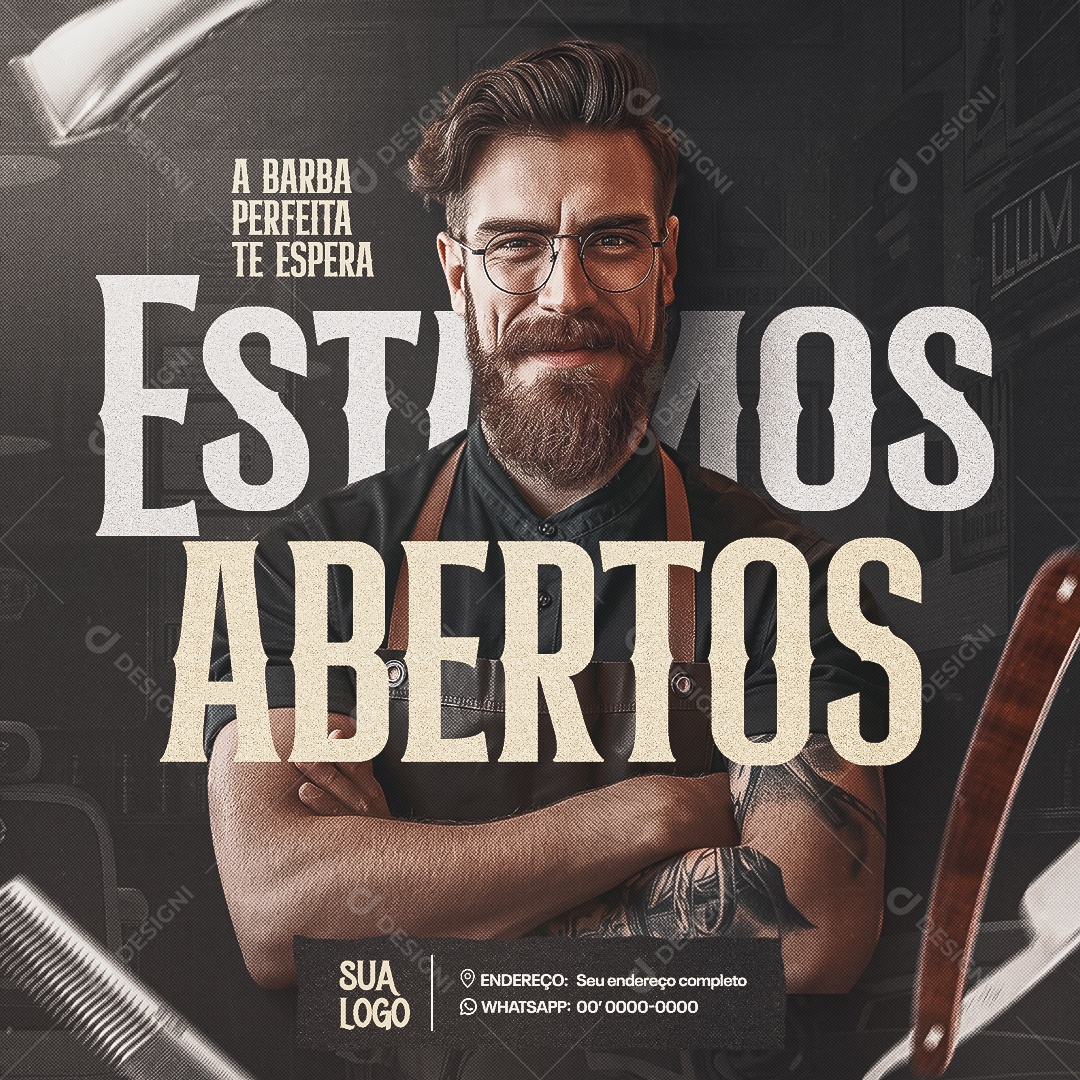 Barbearia Estamos Abertos Social Media PSD Editável