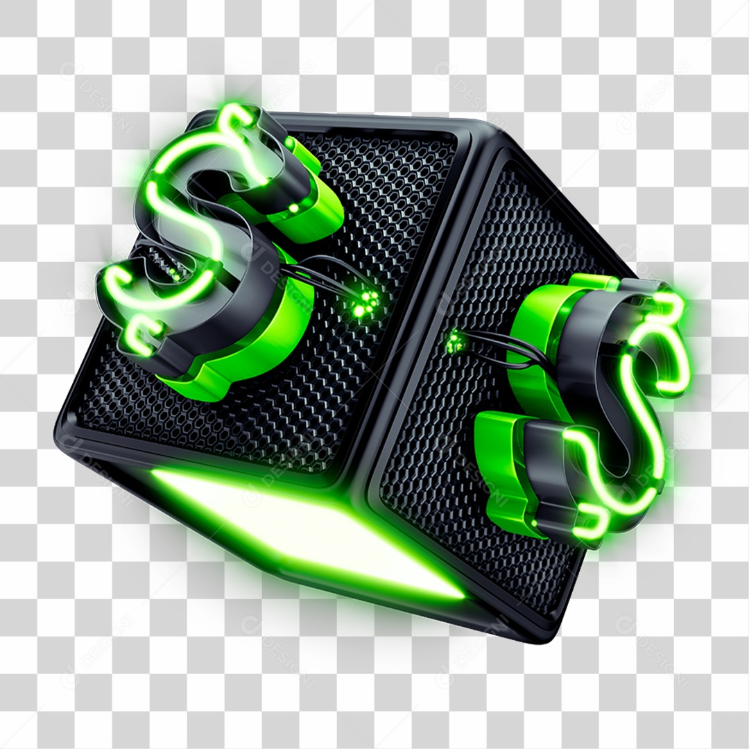 Cubo 3D Preto Com Cifrão e Néon Verde Para Promoção ou Black Friday PNG Transparente