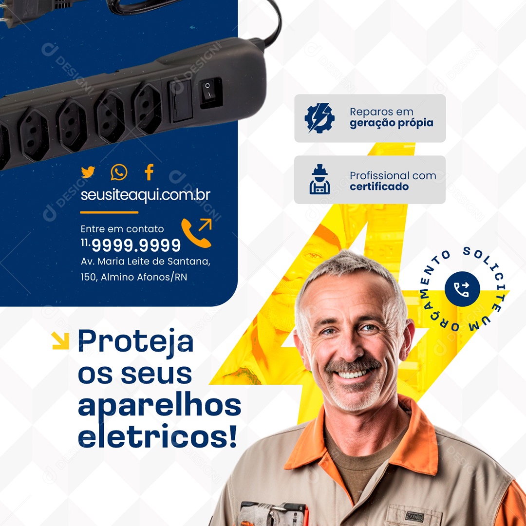 Eletricista Proteja os Seus Aparelhos Eletricos Social Media PSD Editável