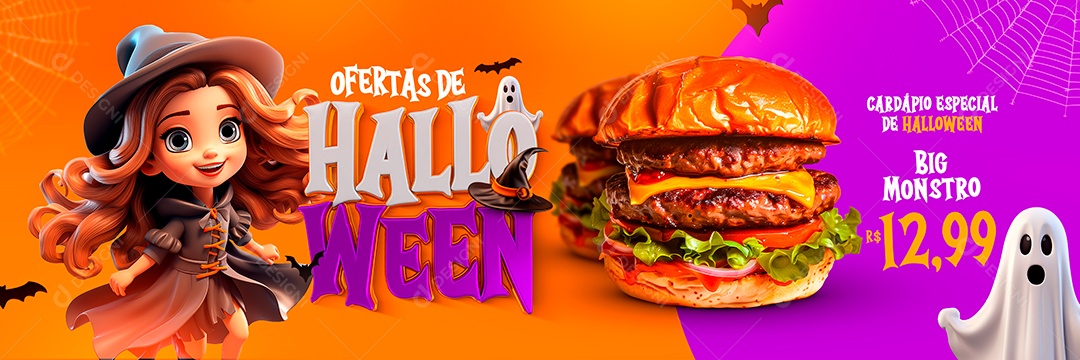 Banner Ofertas de Halloween Hamburgueria Social Media PSD Editável