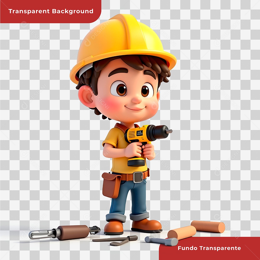 Personagem 3D Construtor Com Parafusadeira Na Mão  Para Composição PSD