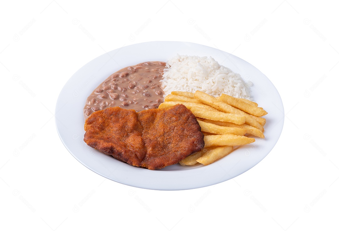 File a milanesa com arroz feijão e batatas fritas