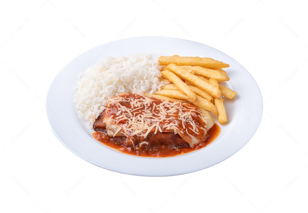 Carne à parmegiana arroz e batata frita