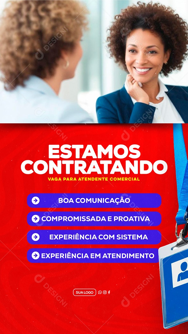 Story Estamos Contratando Vaga para Atendente Comercial Social Media PSD Editável