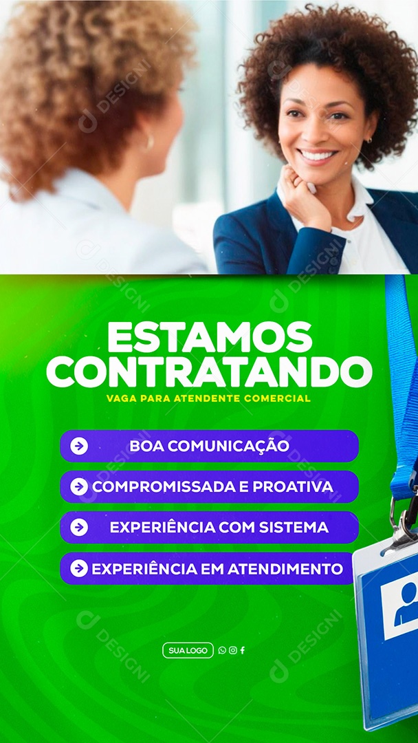 Story Estamos Contratando Vaga para Atendente Comercial Social Media PSD Editável