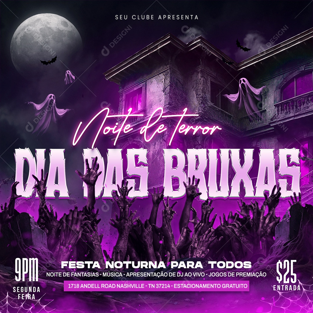 Flyer Dia das Bruxas Noite de Terror Social Media PSD Editável